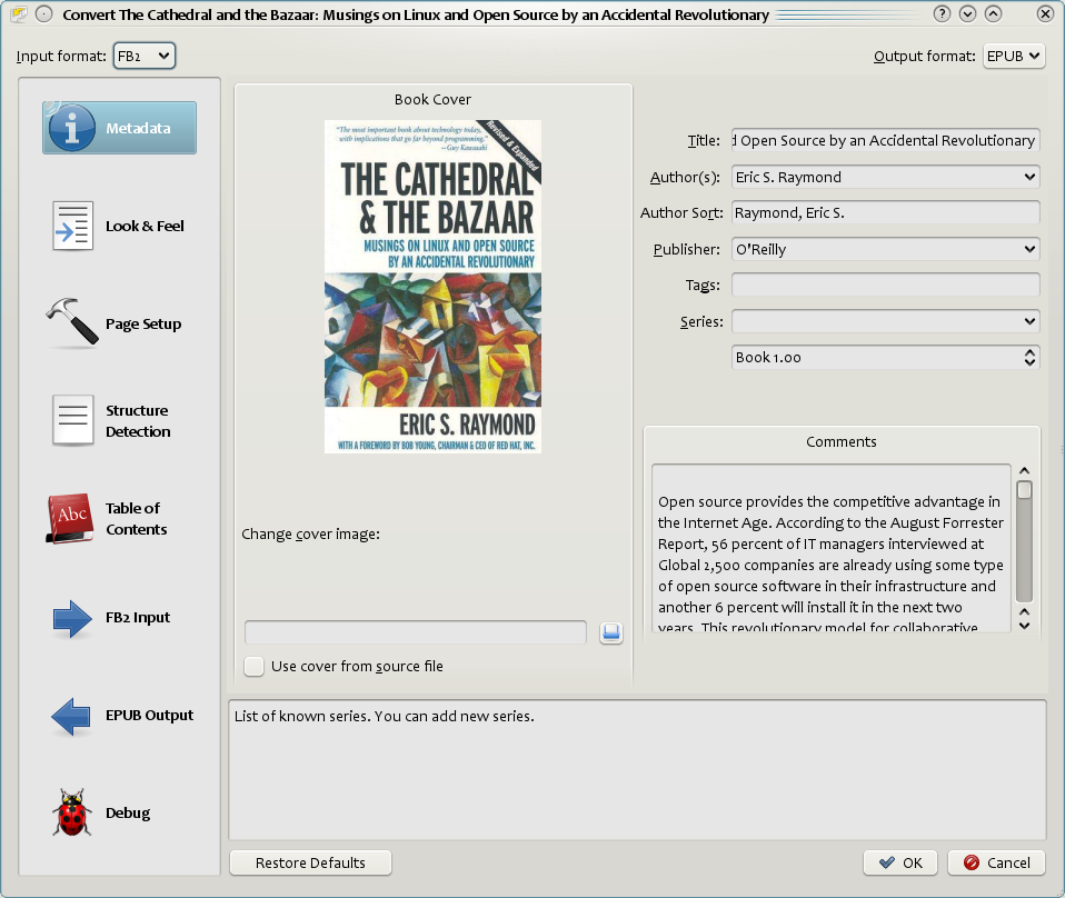 Ebook conversion dialog