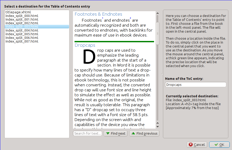 The Edit Table of Contents tool, how to change the location an entry points to