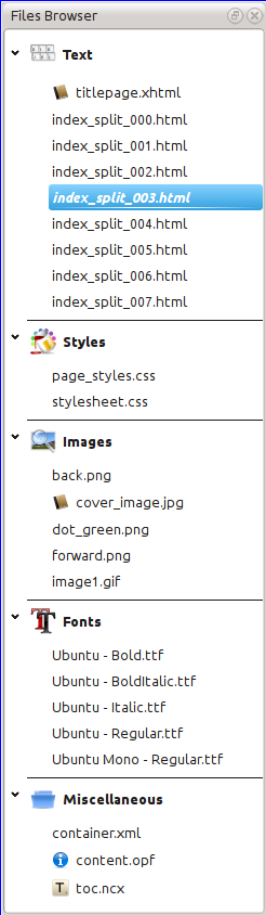 The File browser showing files in the book