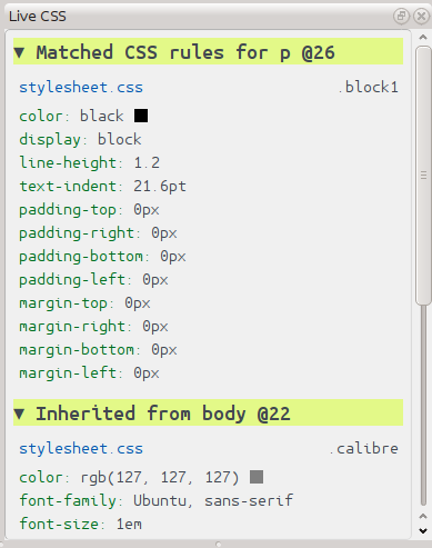The Live CSS panel showing the styles for the current element