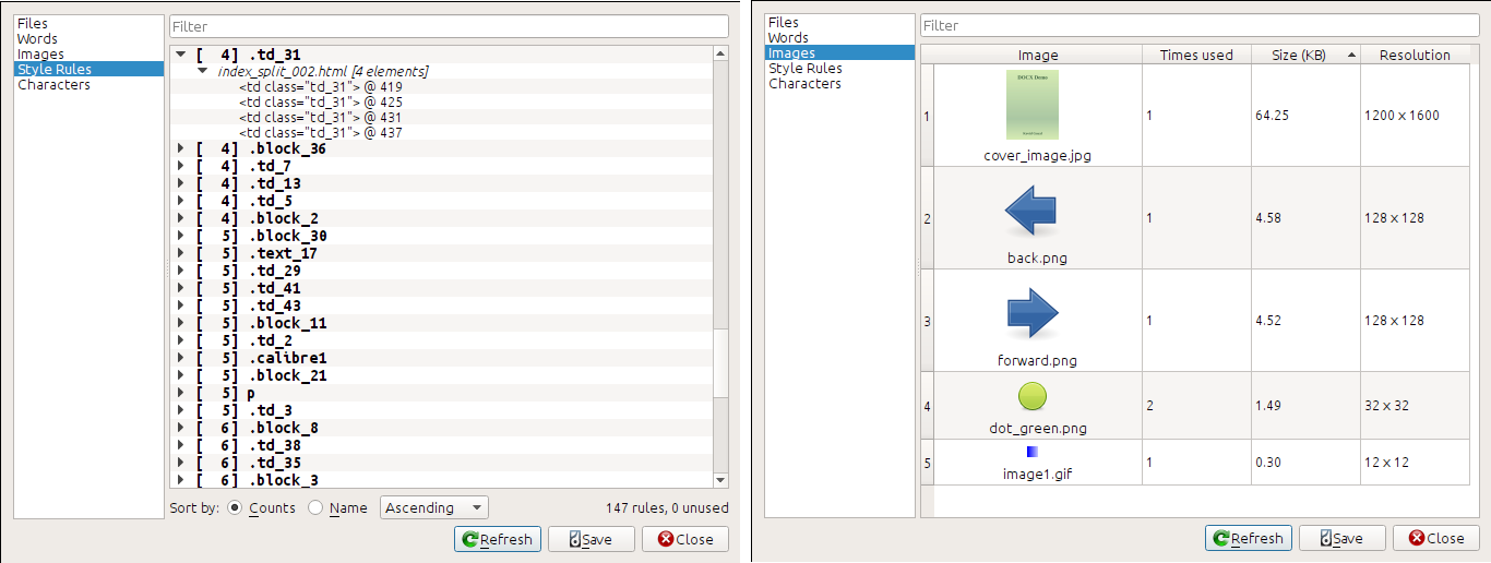 The Reports tool with information and statistics about the book