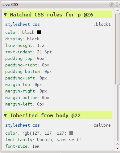Panel Live CSS koji prikazuje stilove za trenutni element