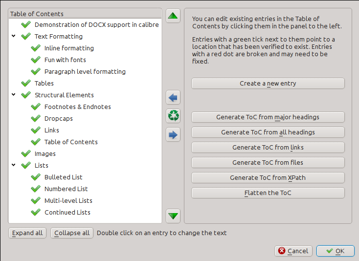 The Edit Table of Contents tool